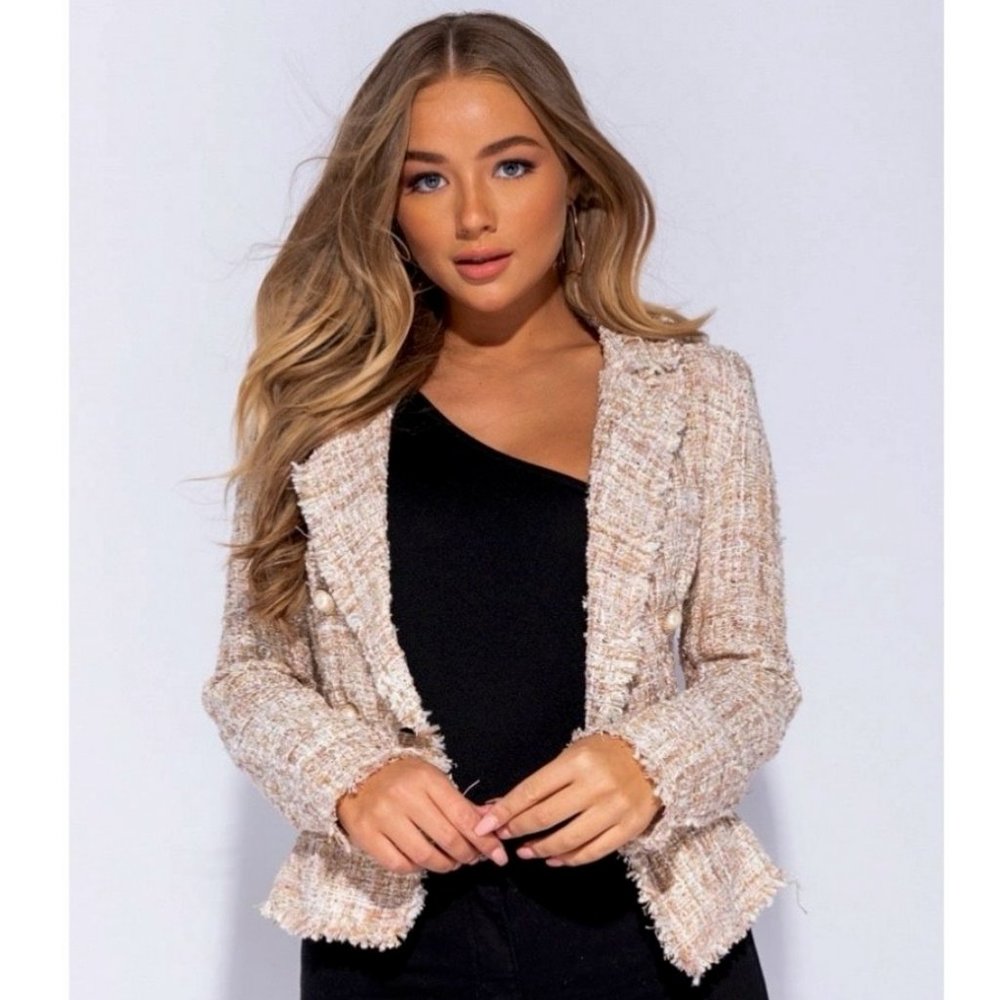 Plaid Check Tweed Long Sleeve Double Breasted Frayed Hem Blazer Jacket